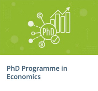 Grafics and Statisticsymbols on green ground - Text Blue on white: PhD Programme in Economics